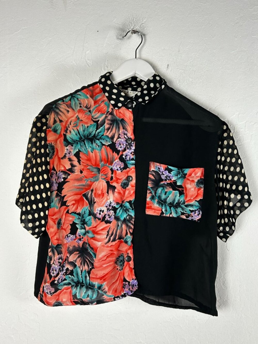 U.R.U California Womens Floral Polka Dot Mixed Print Sheer Button-Up Shirt Large